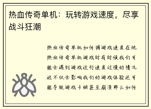 热血传奇单机：玩转游戏速度，尽享战斗狂潮